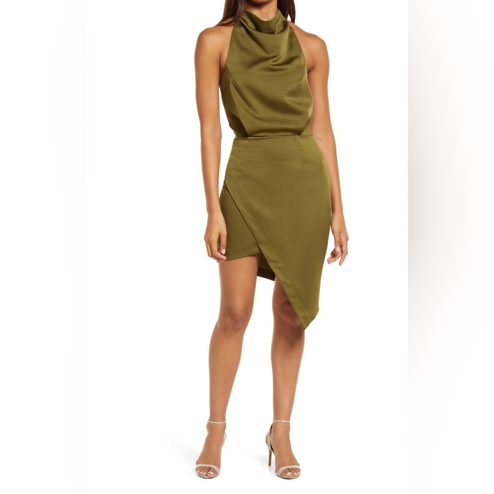 ELLIAT | Camo Asymmetric Satin Cocktail Dress in Khaki Green